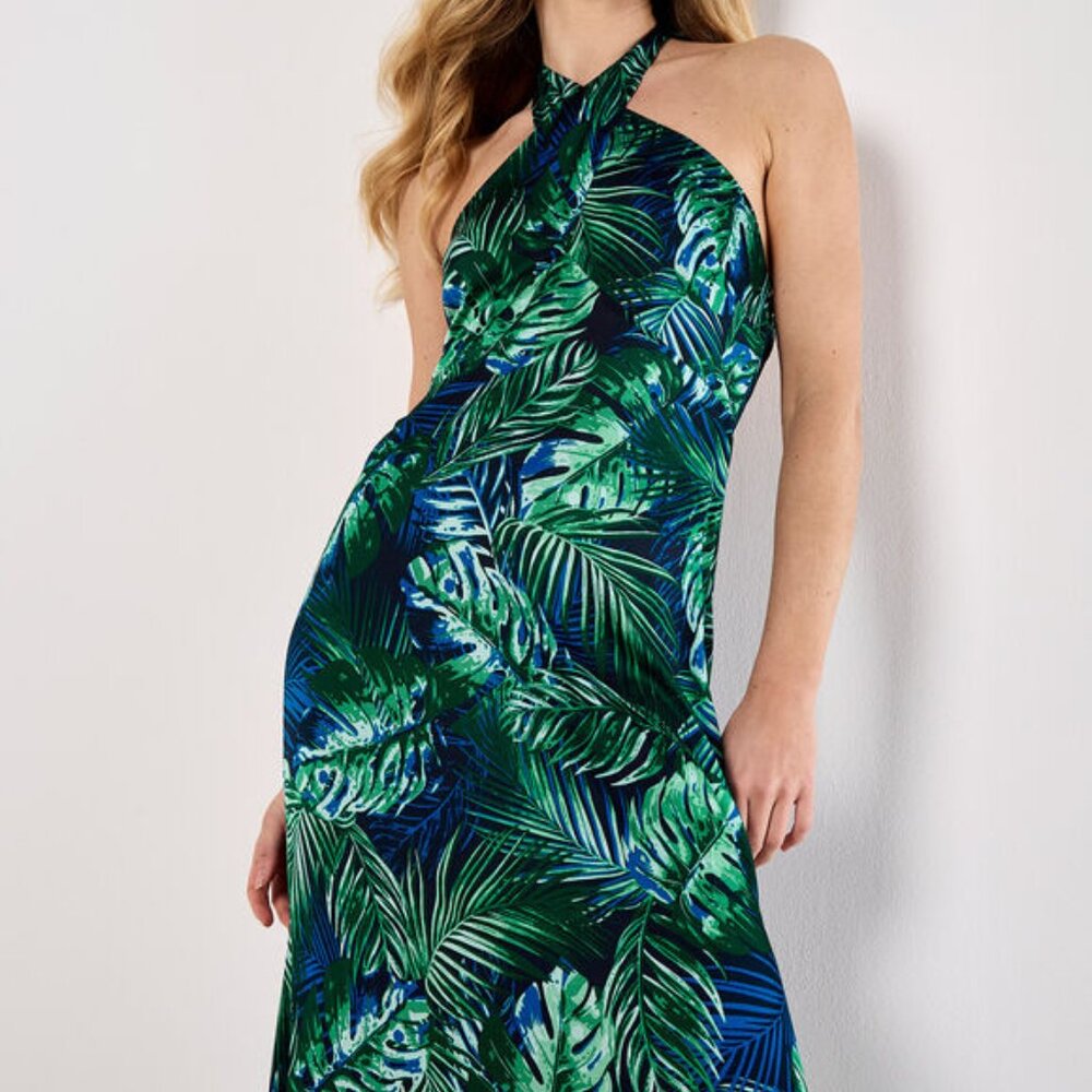 Palm print dress with Halter neck